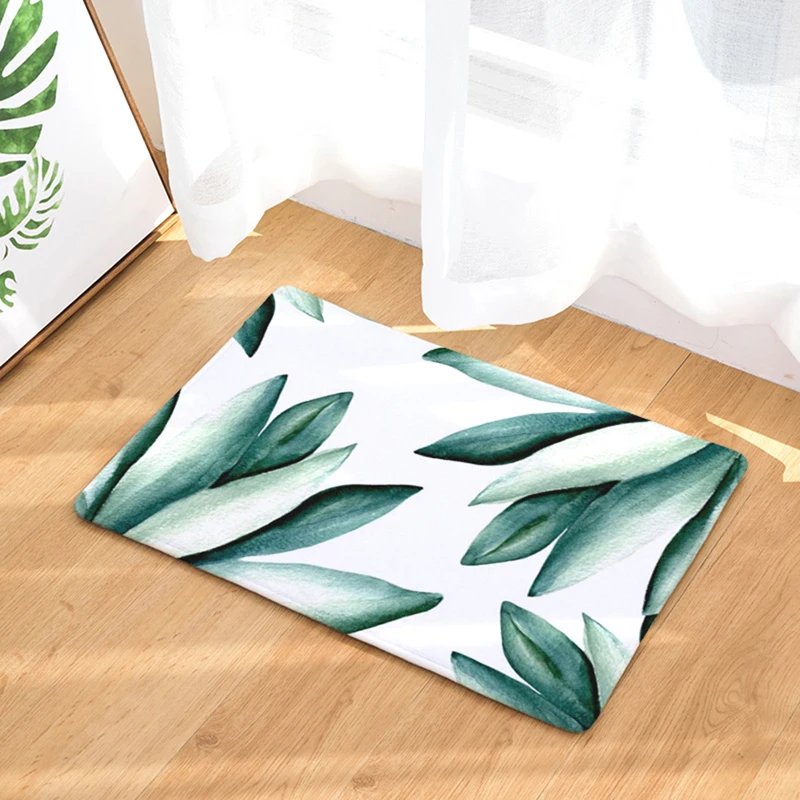 

HomeMiYN Bath Mat Painting Green Leaves Bath Rugs White Digital Printed Foot Mats Washable Kitchen Door Mat Anti Slip Pad