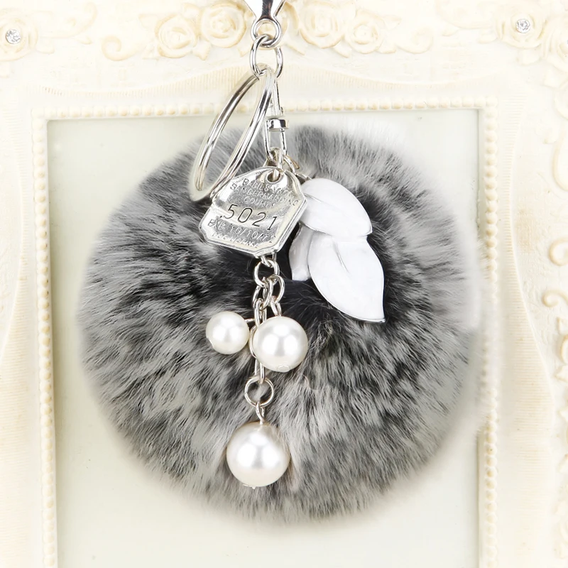 8cm Fluffy Rabbit Fur Ball Pompom Key Chains Pearl Key Chain Fur Pompons Leaf Keyring Porte Clef