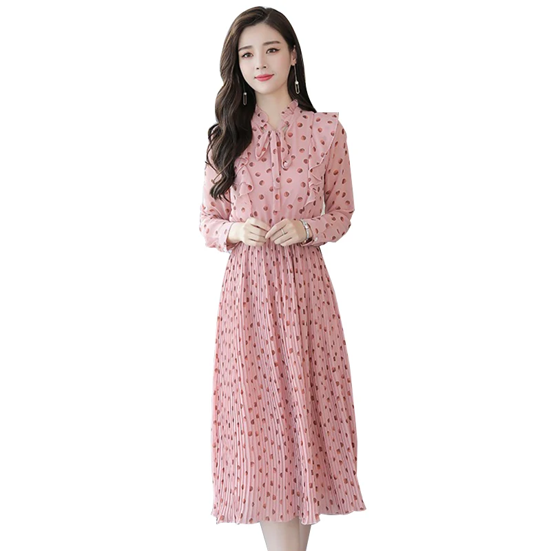 

2019 Spring Autumn Women Long Dress Elegant Floral Printed Vintage Dress Korean Small fragrance wind Chiffon Long-sleeved Dress