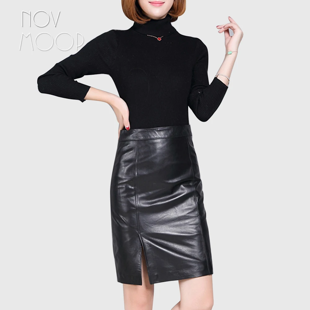 Office style ladies basic black genuine leather real lambskin split pencil skirt faldas mujer etek jupe plus size LT2354 | Женская