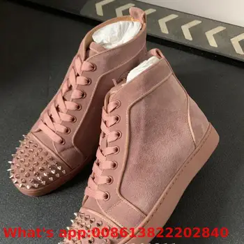 

High-top Sneaker Leisure Shoe Lace Up Bean Paste Suede Leather Rivet Front Red Bottom For Man Loafers Shoes Casual Flat