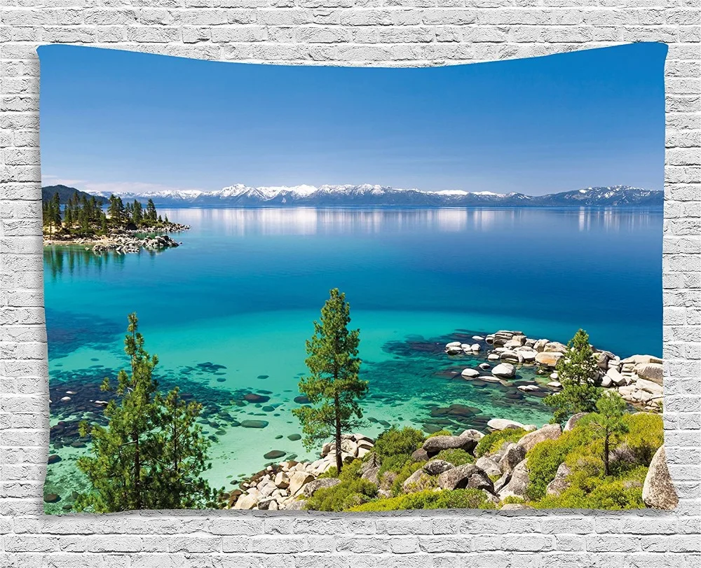 Blue-Tapestry-Tranquil-View-of-Lake-Tahoe-Sierra-Pines-on-Rocks-with-Turquoise-Waters-Shoreline-Wall