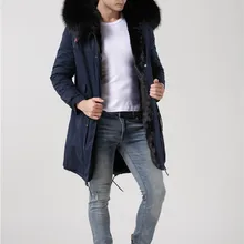 Джентльменский стиль зимняя длинная куртка mr мех пальто темно-синяя ракушка черная внутри настоящий енот мех с капюшоном парка