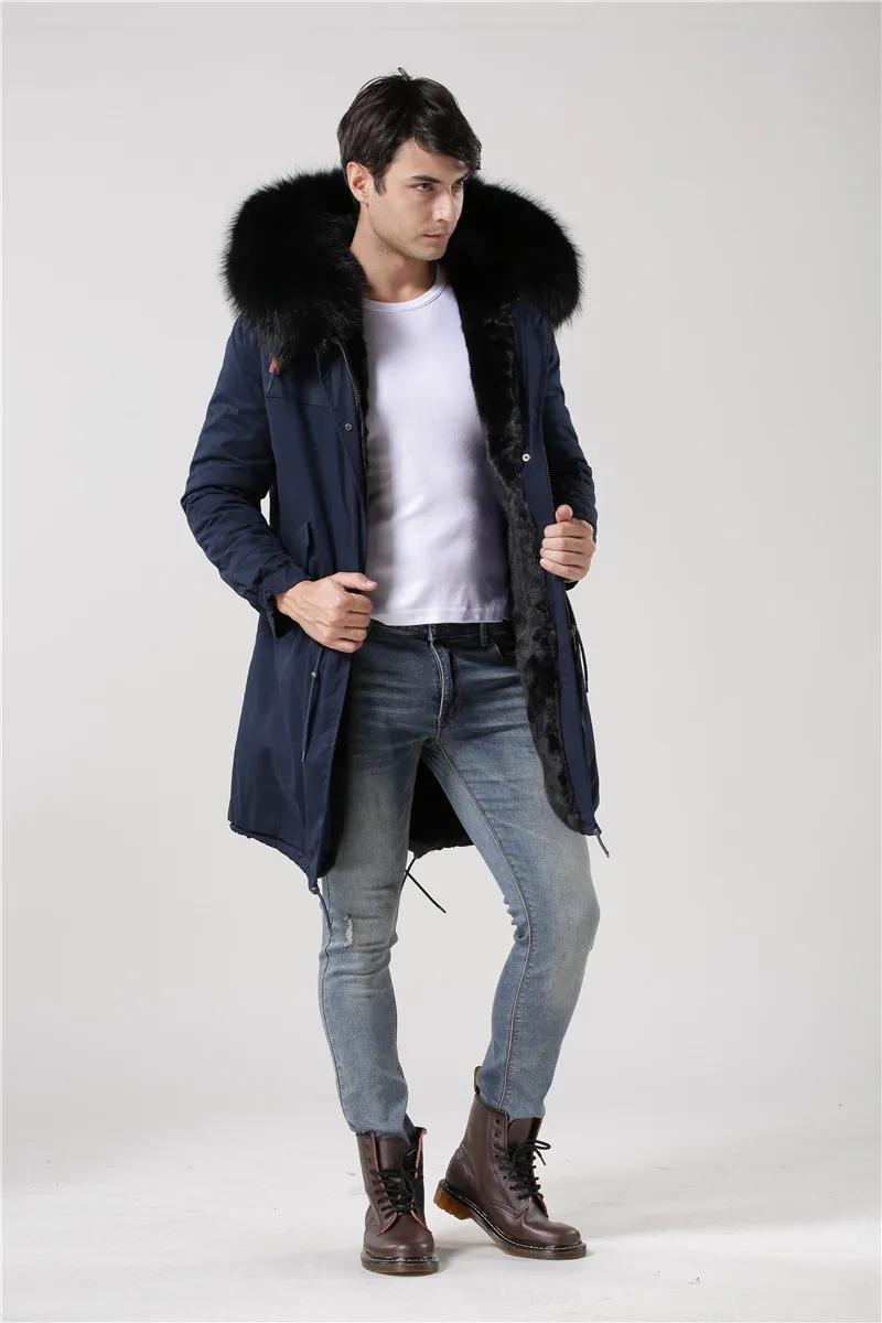 Gentleman style winter long jacket mr furs coats dark blue shell black inside real raccoon fur hooded parka