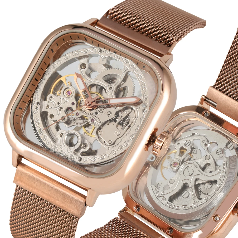 

Mechanical Watches Mesh Strap Automatic-self-wind Watch Unique Square Case Men Business Clock Male Gifts Relogios Masculino