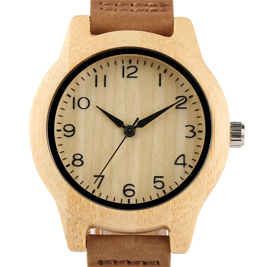 Minimalist Creative New Arrival Genuine Leather Quartz Fashion Trendy Wrist Watch Women Nature Wood Bamboo Analog Clock (5)