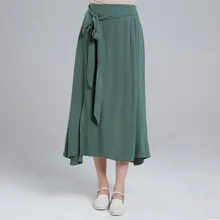 Женская Однотонная юбка в богемном стиле, винтажная плиссированная юбка с поясом, летняя Женская Удобная хлопковая льняная юбка