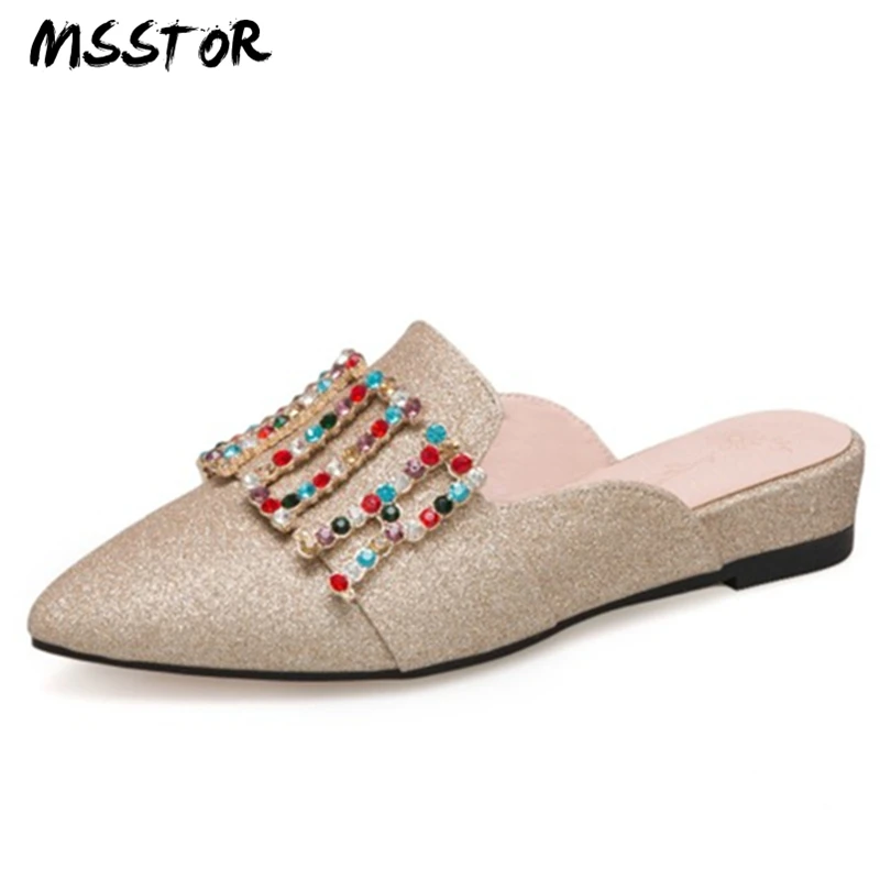 

MSSTOR Crystal Shoes Women Plus Size 34-43 Sequined Cloth Fashion Outside Slivery Slippers Woman Pointed Toe Mules Shoes Women