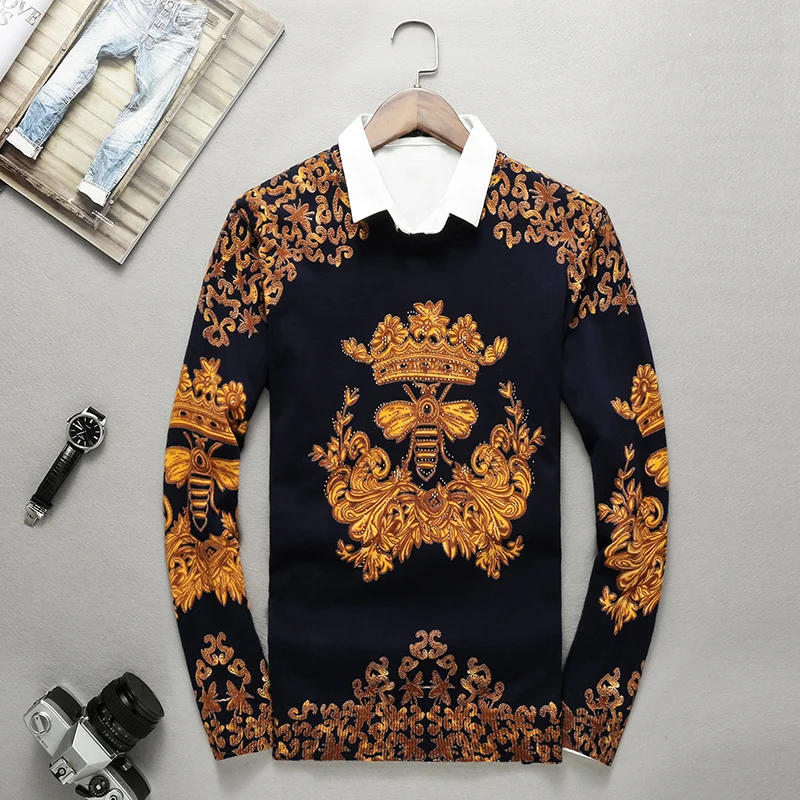 

European-style exquisite bee pattern print rhinestone knit sweater Autumn 2018 quality modal soft comfortable sweater men M-XXXL
