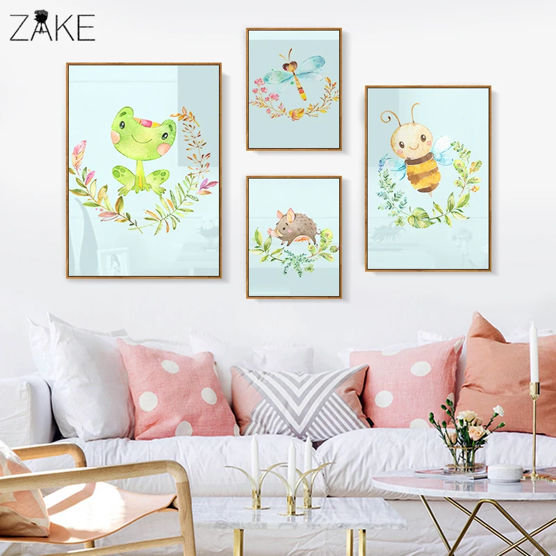 

Frog Beer Pig Woodland Watercolor Cartoon Animal Canvas Poster and Print Cute Nursery Painting Wall Art Picture kids Room Decor