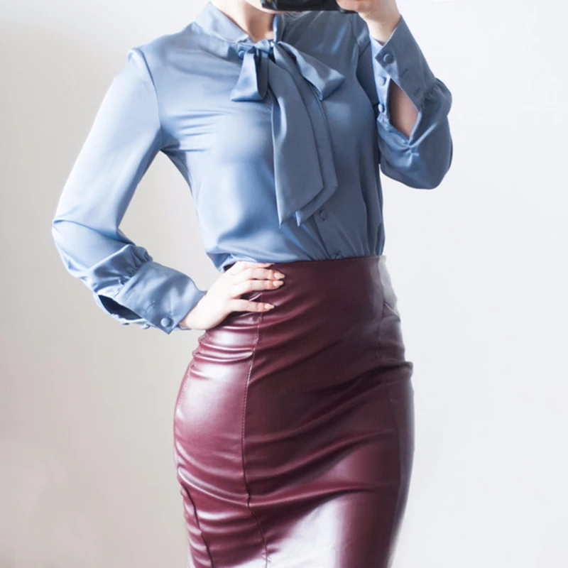 

New spring-summer chiffon shirt Euro-American Fashionable ladies blouse elegant solid color with a bow and long sleeves