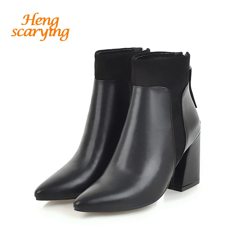 

2018 Plus Size Women 8.5cm High Heels Martins Retro Pointed Chelsea Ankle Boots Thick Block Heels Winter Boots White Black Shoes