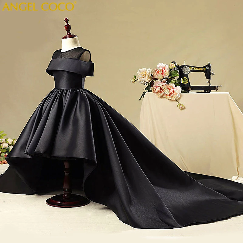 

Fashion Girls Party Dress Black Satin Evening Gown Princess Birthday Party Dresses Children Princess Wedding Clothes Robe Fille