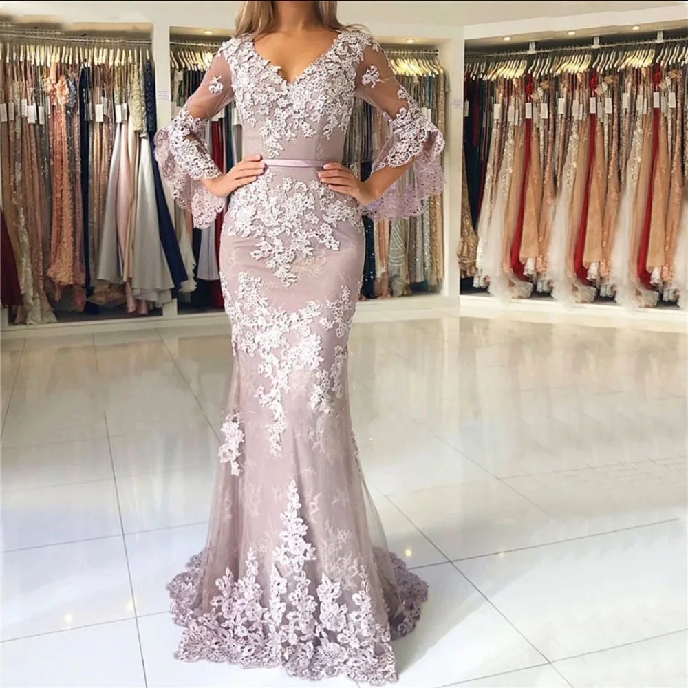 Flare 1/2 Long Sleeves Lace Mermaid Prom Dresses V Neck Applique Floor Length Formal Party Evening With Button | Свадьбы и торжества