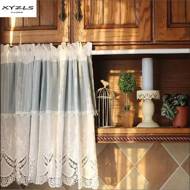XYZLS Mediterranean Style Blue White Striped Kitchen Half Curtains