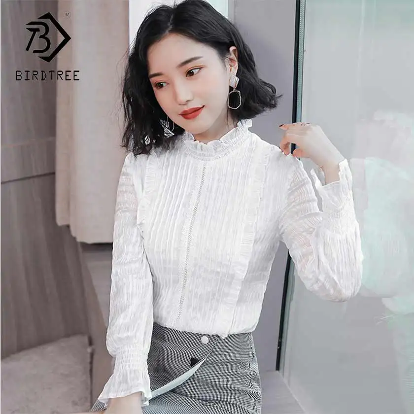 

2019 New Arrival Spring Korean Women Chiffon Blouse Stand Flare Sleeve Female Office Lady Casual White Lace Top Hot T93206X