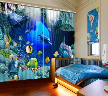 

3D Curtain Printing Blockout Polyester Undersea world dolphin fish Photo Drapes Fabric For Room Bedroom Window custom curtains