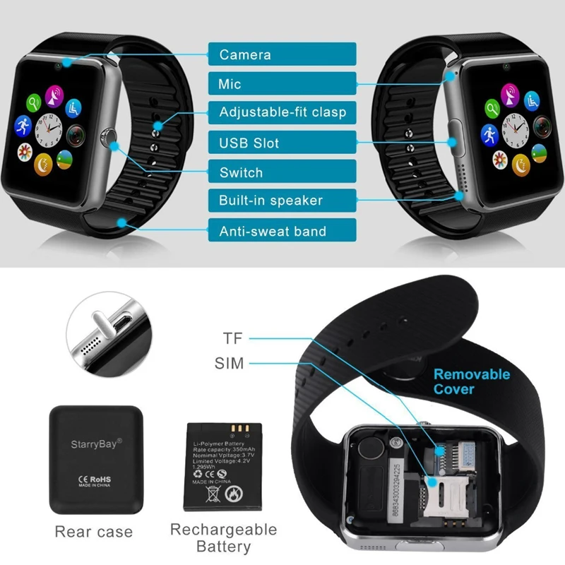 TOPBluetooth GT08 Smart Watch Phone Best Smartwatch 2019/2018 Sim Card TF Card Camera Smart Clock for Apple Watch Iphone Android