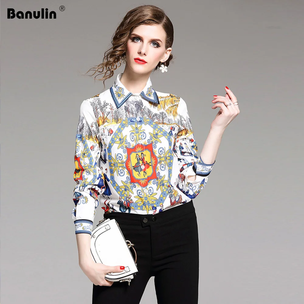 

Wholesale New Arrival 2019 Fall Runway Vintage Print Collar Long Sleeve OL Turn-Down Neck Womens Party Casual Top Shirts Blouse