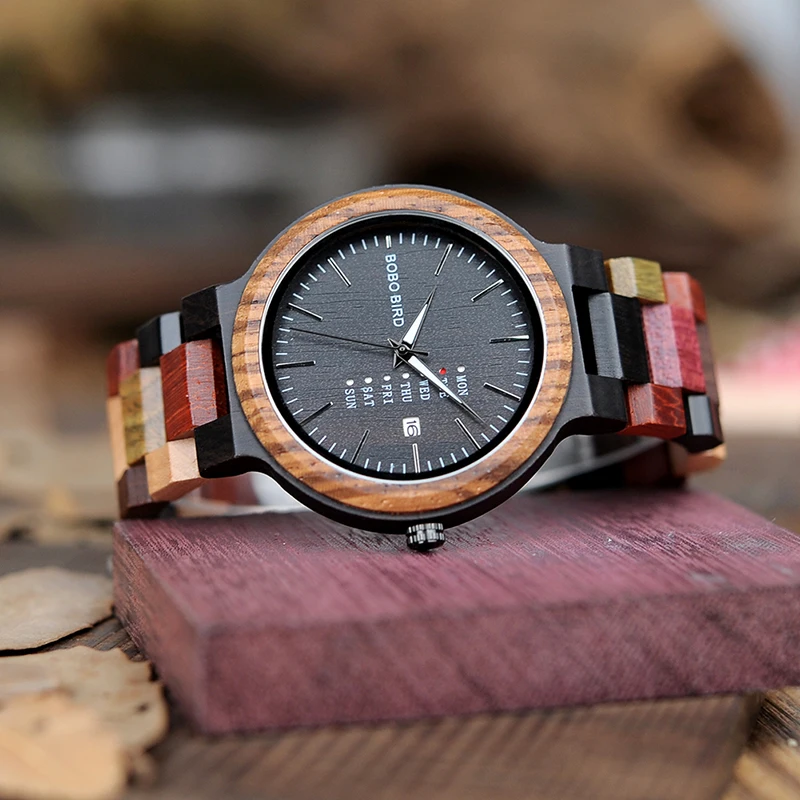 BOBO BIRD LP14 Men Wristwatches Miyato Japan Movement Wooden Watches with Colorful Wood Strap Classic Week Display Relogio