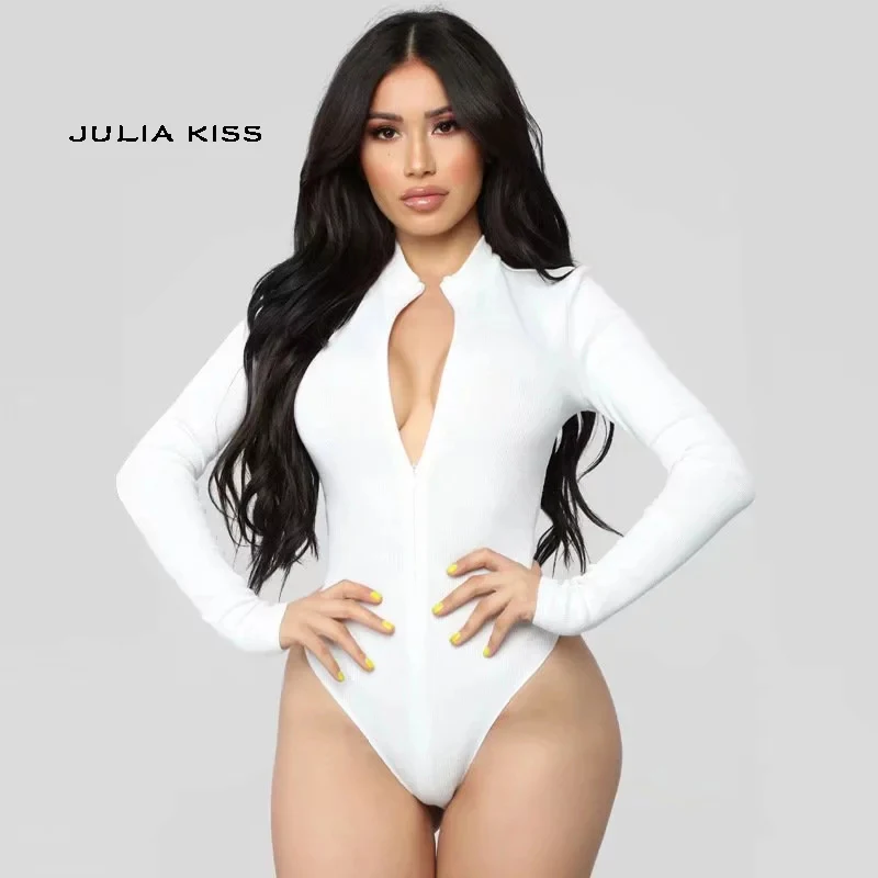 Women Standing Collar Zip Up Slim Fit Bodysuit Ribbed Bodysuitin