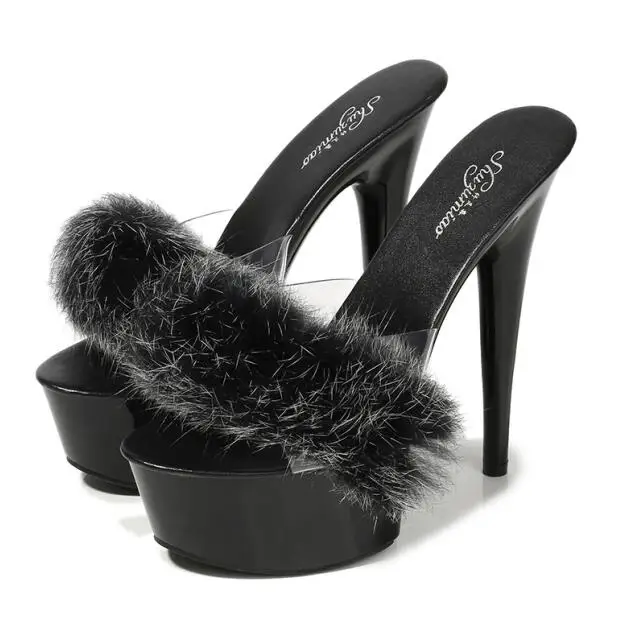 Новинка; шлепанцы в европейском и американском стиле; обувь на очень высоком каблуке 15 см с кроличьей шерстью; пикантная черная водонепроницаемая обувь на платформе с тонким каблуком - Цвет: Черный