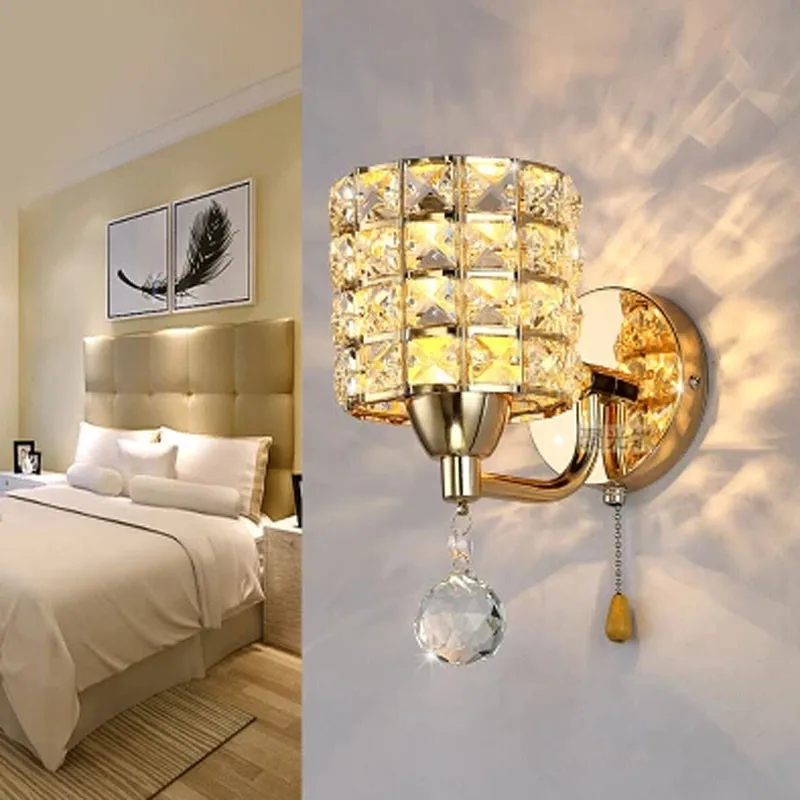 

AC85-265V pull chain switch crystal wall lamp lights Modern Zipper Stainless Steel Base lighting wall sconces lamparas de pared