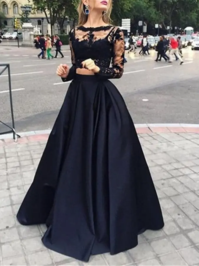 

2019 Vintage Bateau Two Piece Lace Satin Dresses for Evening Party Robe De Soiree Manche Longue Prom Party Gowns Customed