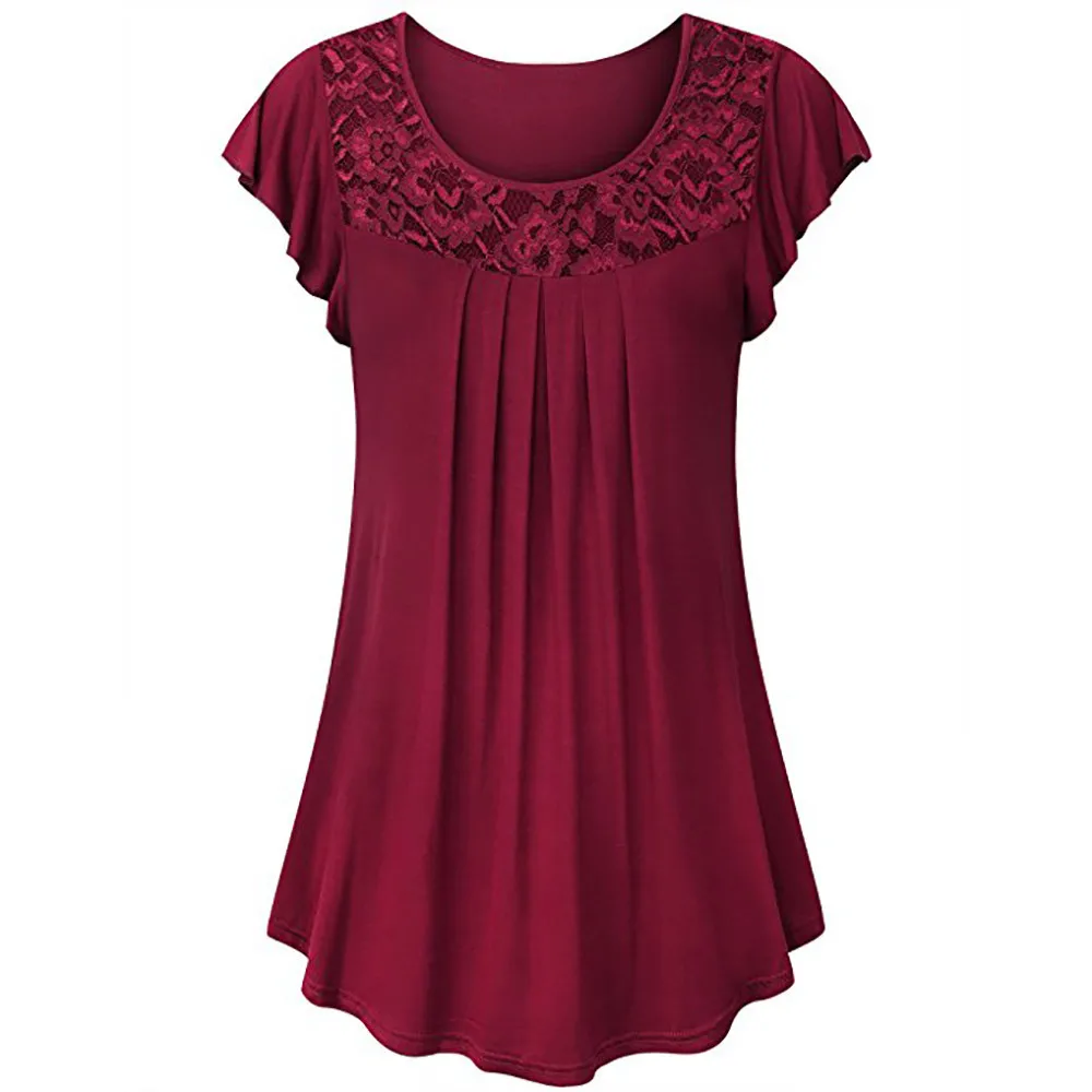 

Summer dress women's temperament sturdy lace patchwork wrinkle shirt short-sleeved shirt Manga corta de las mujeres