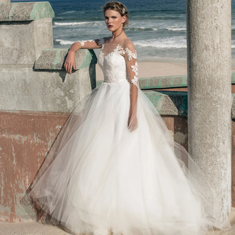 

vestidos 2015 Tulle A-line Floor-length Full sleeve Lace Appliques Wedding Dress Bridal Gown robe de mariee vestido de noiva