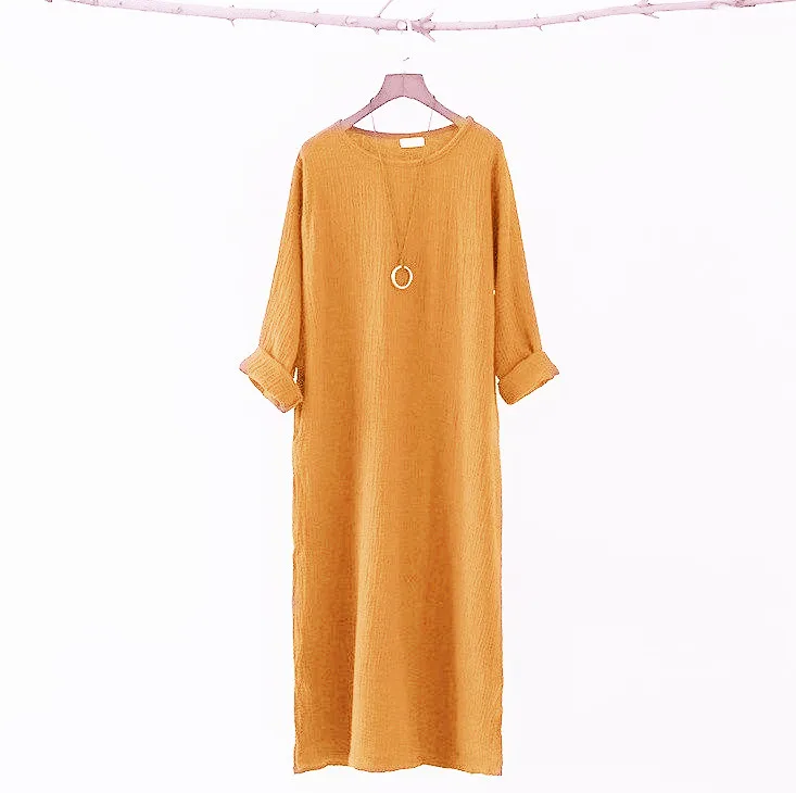 Осенне-зимнее свободное платье с длинным рукавом, хлопковое льняное платье, длинное платье размера плюс S-5XL 6XL, женская одежда, Vestido Feminino - Цвет: Золотой