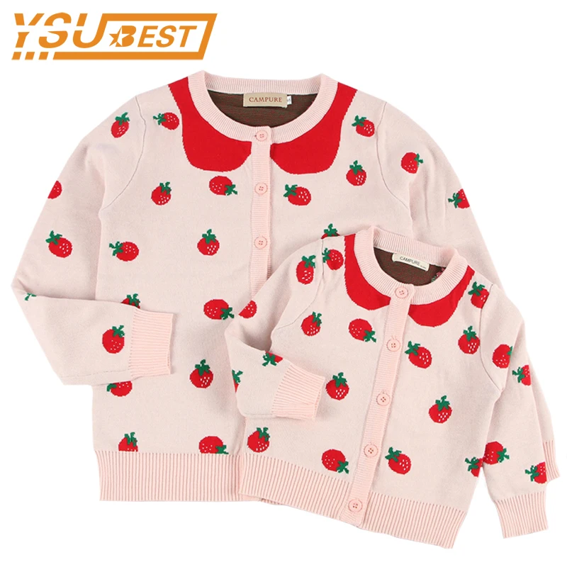 

New 2018 Spring Family Outfits Knitted Family Clothing Mother Daughter Cardigans Strawberry Girls Sweaters Thicken Kids Sweaters