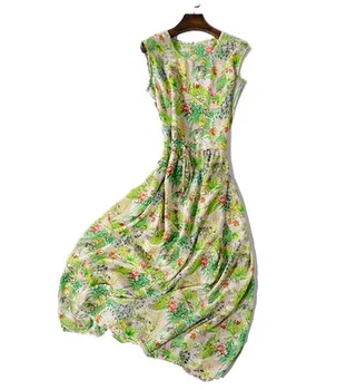 

2020 new silk sundress in the long sleeveless round neck dress waist show thin silk dress