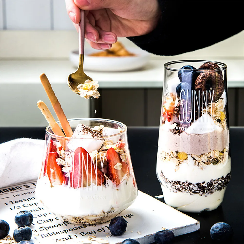 

Ins Nordic Transparent Lettering Glass Cup Vogue Chic Minimalist High Temperature Coffee Milk Tea Dessert Cup for Home Breakfast