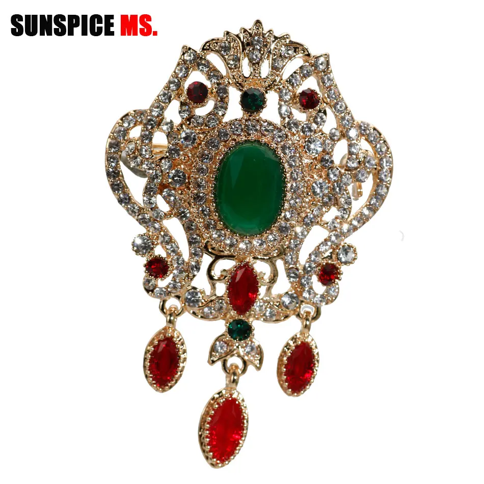 

SUNSPICE-MS Fashion Gold Color Latin Rhinestone Brooch For Women Red Crystal Hijab Lapel Caftan Flower Turkish Brooch Pins 2019