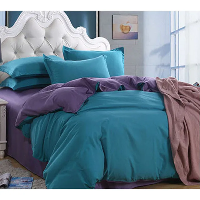 Double Solid Color Plain Pure Purple and Teal Patchwork Cotton Bedding