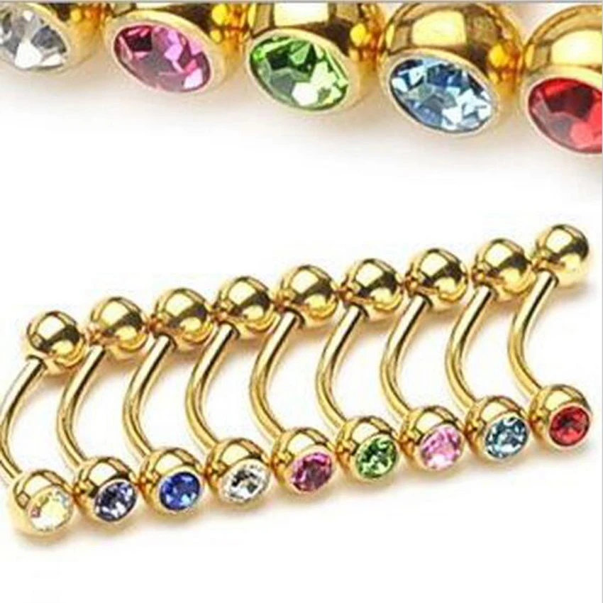 1Piece 1.2x8x3mm Stainless Steel Eyebrow Ring Gold Color Crystal Gem