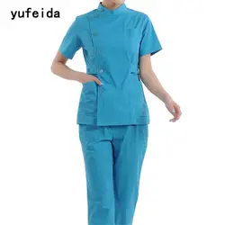 Yufeida Для женщин скрабы комплект Спецодежда медицинская равномерной ткани скрабы Комплект Топ и Брюки для девочек Рубашка с короткими