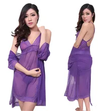 Three-Piece Transparent Lace Sexy Women Lingerie Sets Spaghetti Strap Night Dress Sexy Robe Erotic Thong vestidos femininos