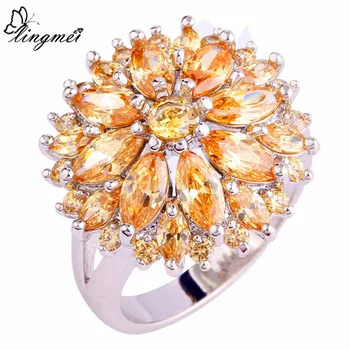 

lingmei Wholesale RoundMorganite AAA Silver Color Ring Size 6-12 13 Women Charming Champagne Jewelry Flower Design