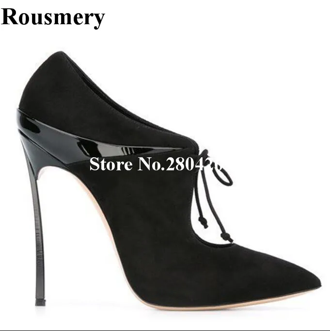 

Rousmery Fashion Design Crosss-tied Shallow Cutouts Boots Women Patchwork Pointed Toe Metallic Stiletto Heel Ankle Booties
