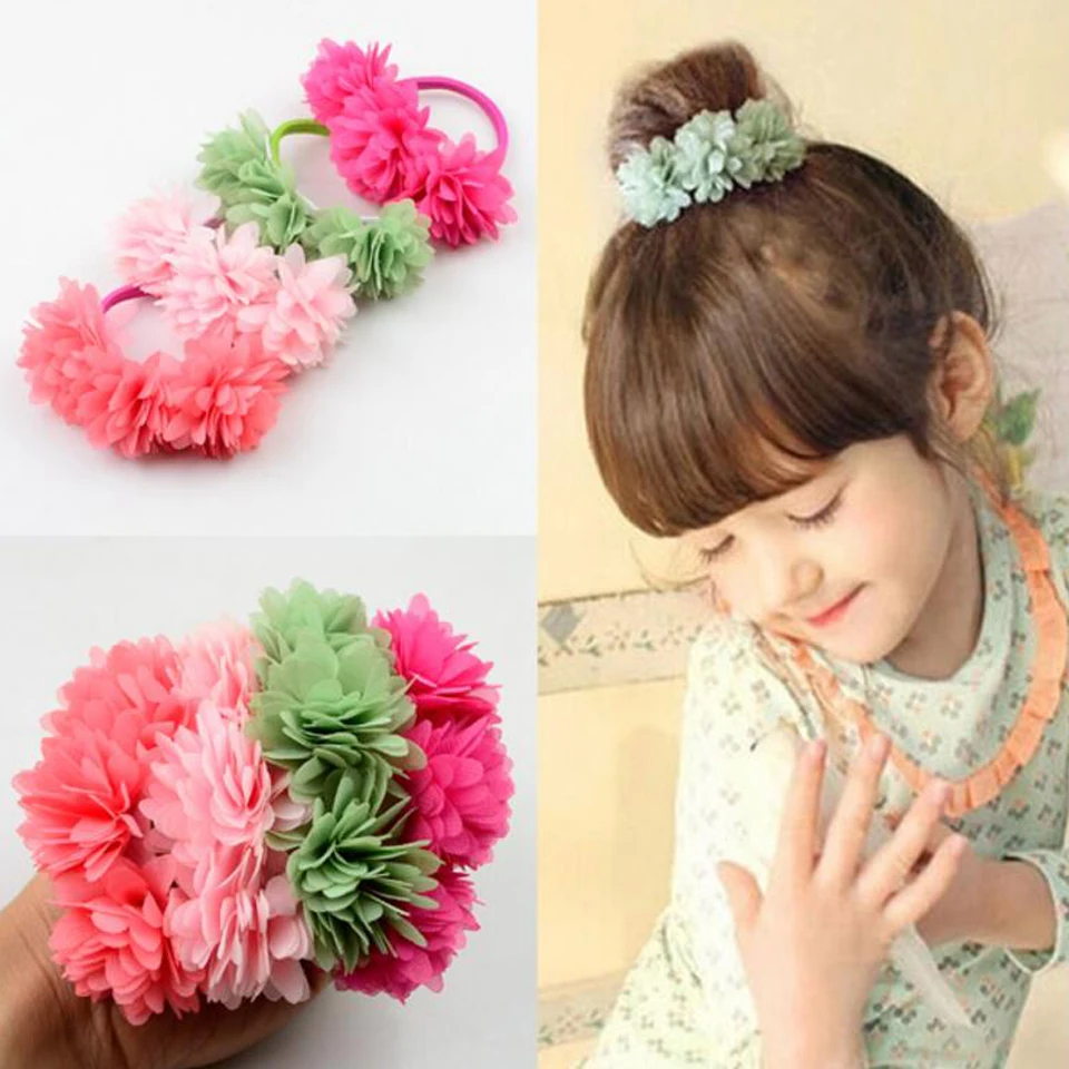 

Girls Child Chiffon Flowers Blossom Elastic Hair Bands Flower Rope Ring Hair Tie Hair Accessories HT055