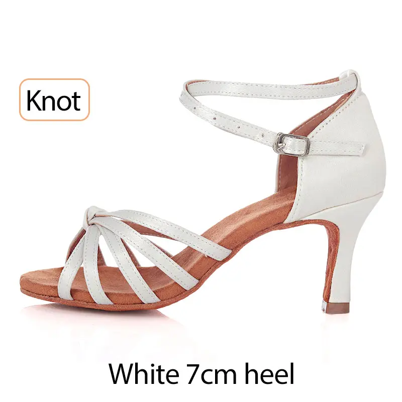Обувь для бальных танцев с мягкой подошвой, для латинских танцев; женская обувь на каблуках 5 см/7 см; Белая обувь для Танго/сальсы; обувь для профессиональных танцев; женской обуви - Цвет: White knot 7cm heel