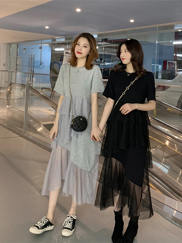Fitaylor Лето Корейский сплайсинга плиссированные тюль футболка платье для женщин S-2XL размер, который Черный Серый Цвет Нерегулярные длинное платье одежда