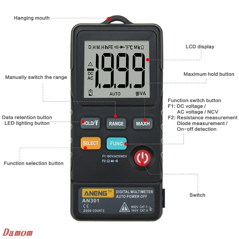 AN301 Мини цифровой мультиметр AC DC вольтметр измеритель сопротивления напряжения светодиодный
