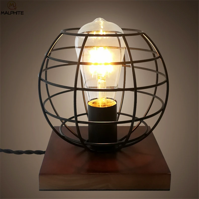 

Modern Cage Iron Bedside Table Lamp Nordic Wooden Base Industrial Decor Table Light Simple Indoor Lighting Black Luminaria