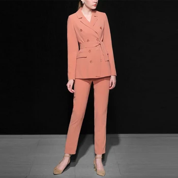 

OL Ladies Elegant Two Piece Set Top And Pants 2019 Spring High Quality Orange 2 Piece Set Women