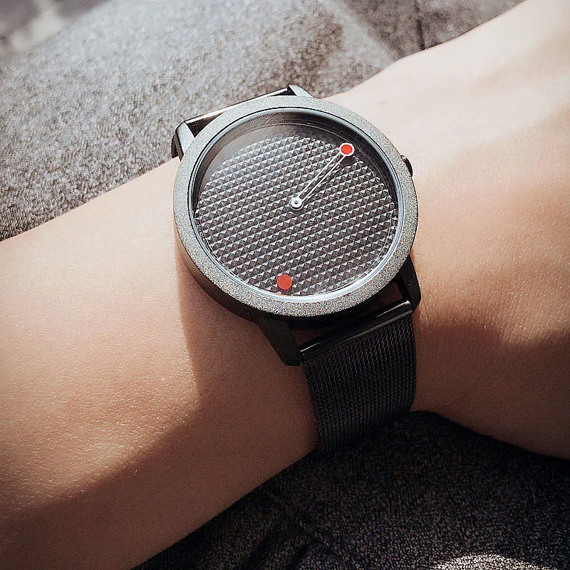 

men gift Enmex brief stainless steel band creative geometric designs Floating pointer 3D dail with young fashion quartz watches