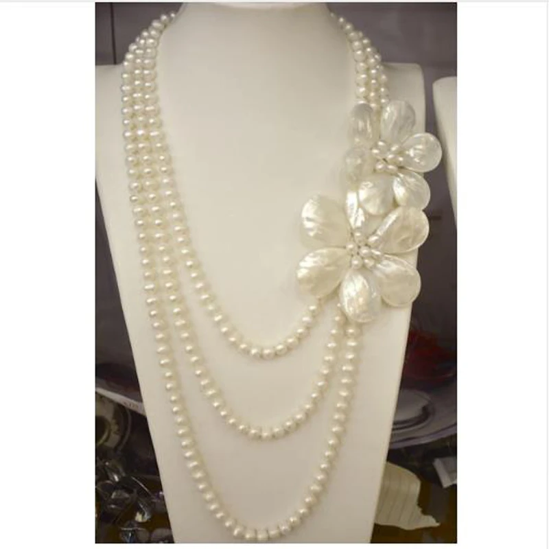 

Jxryxrth 2018 new arrival Fashion 3 rows Freshwater Pearl Mother of pearl Sea Shell Pearl flower Necklace for Women