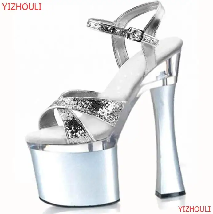 Великолепный серебряный блеск каблуки платформы полюс танцы обувь 18 см высокие каблуки Танцевальная обувь женщин свадебные туфли